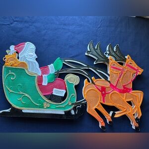 Vintage Plastic Double Sided Santa Sleigh & Reindeer Wall Decor Does Not Light